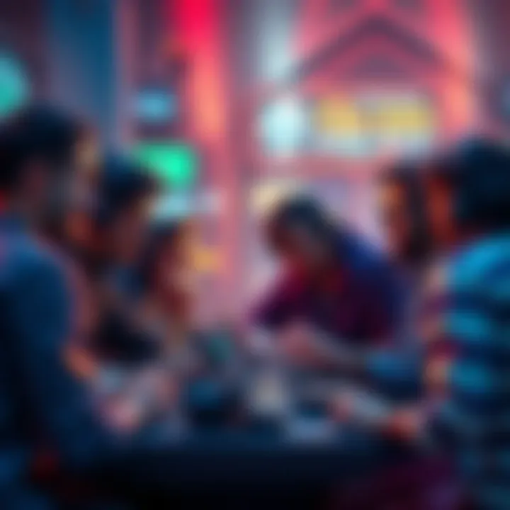 A group of people discussing strategies for a smart contract game with jackpot mechanics, showcasing excitement and strategy