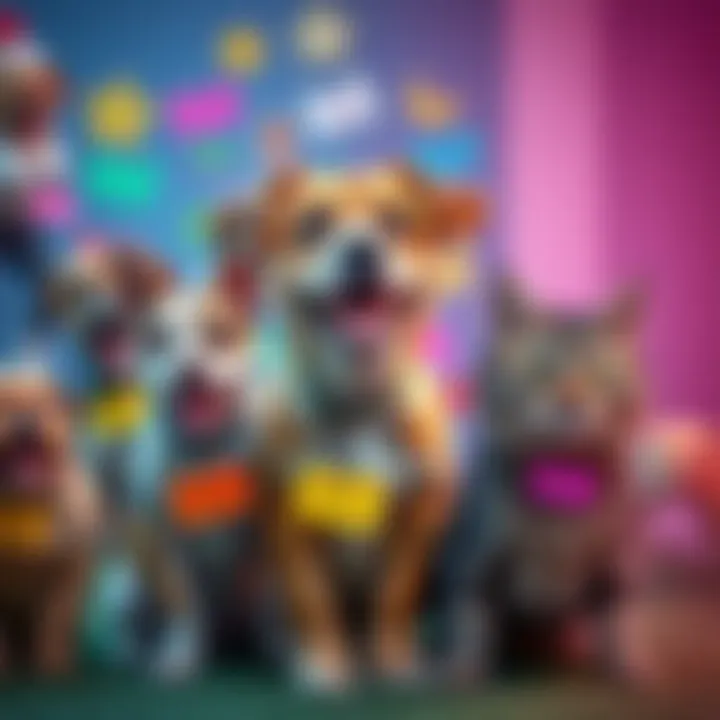 A variety of pets including a dog and a cat wearing colorful name tags, showcasing potential pet names, playful environment