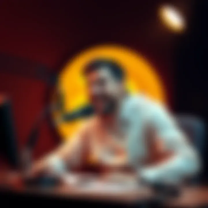 A podcast host sitting at a microphone with a Bitcoin symbol in the background, looking excited.