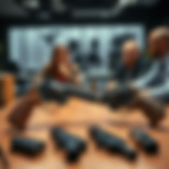 Comparison of Pol357 and JS2 Derringy firearms on a table with thoughtful individuals discussing their features