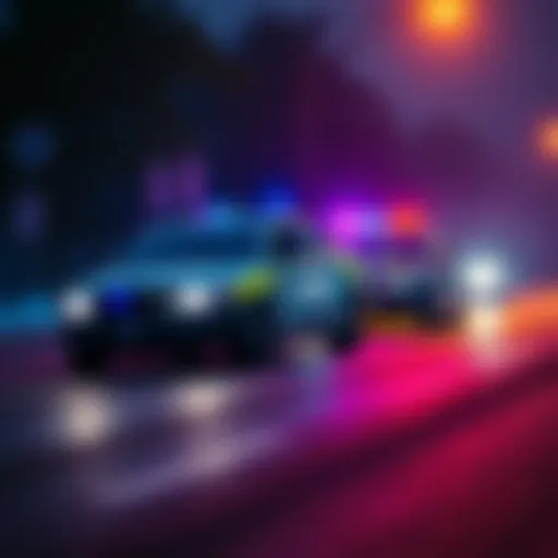 A police car unexpectedly brakes in front of a civilian car on the road, causing a sudden stop, with a tense atmosphere