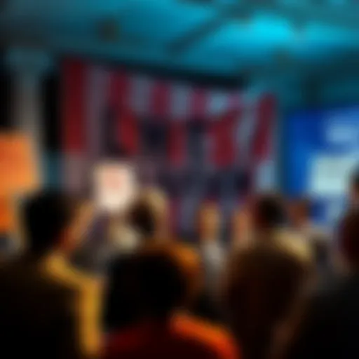 A group of people debating honesty and deception in politics, with signs and banners in the background.