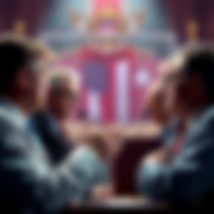 A group of politicians debating with a focus on honesty and deception in political rhetoric.