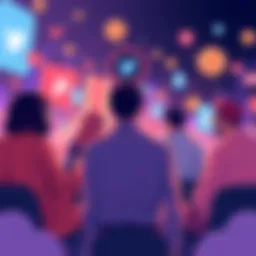 Illustration showing influencers discussing fake winning predictions related to Polymarket, with a backdrop of cryptocurrency symbols and social media icons