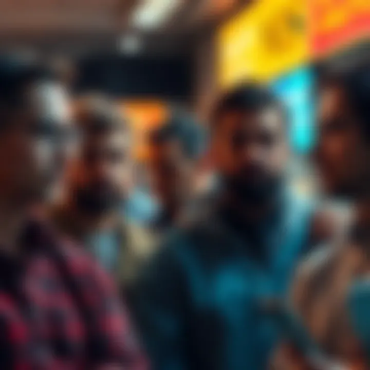 Ponzi token followers distracted A group of people intensely discussing while ignoring warning signs about investments, highlighting their focus on distractions