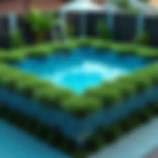 A pool surrounded by a grassy design using a Legendary Parcel feature, showcasing vibrant blue water and greenery.