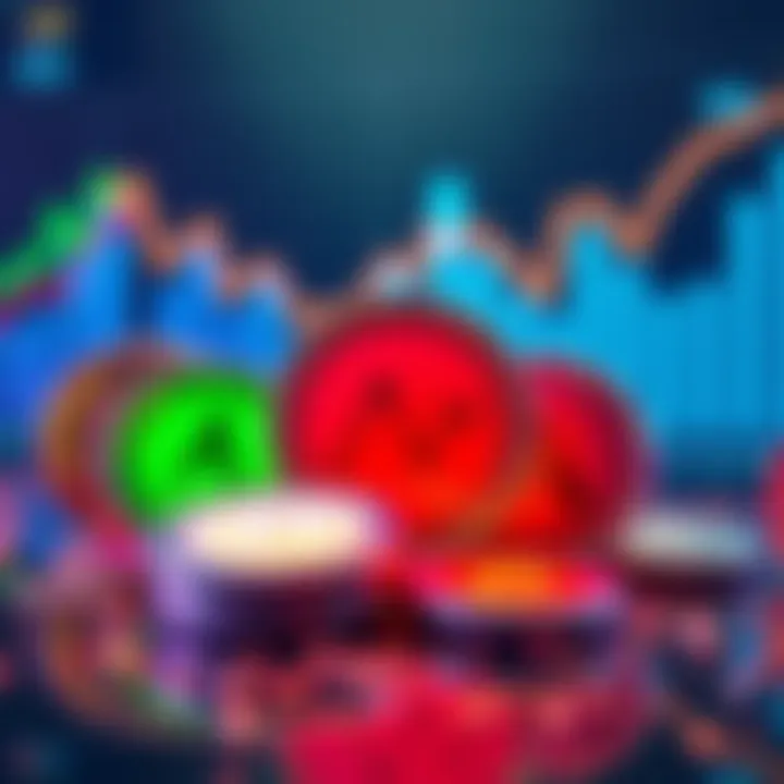 Graphic showing colorful meme coins with charts and trends behind them, representing community favorites