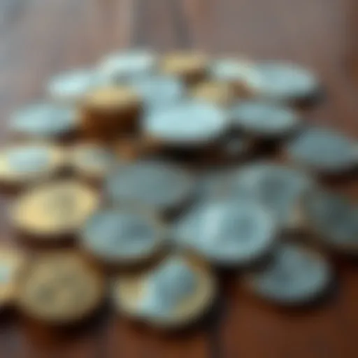 A collection of various popular non-bullion U.S. coins displayed on a wooden surface, showcasing their unique designs and features.