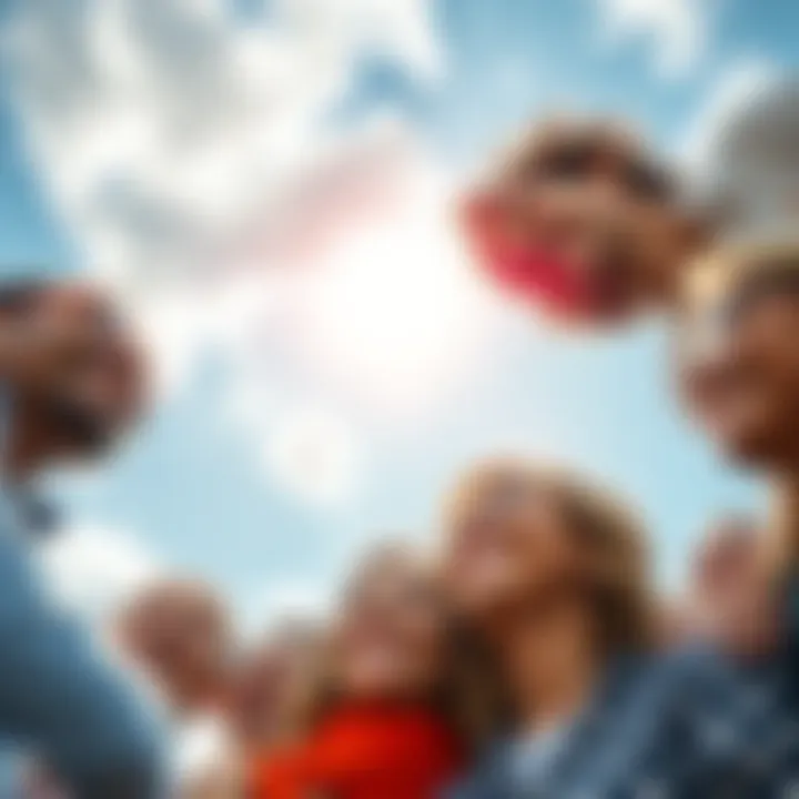 A group of diverse people smiling and looking towards a bright sky filled with sunlight and clouds, symbolizing hope and optimism for the future.