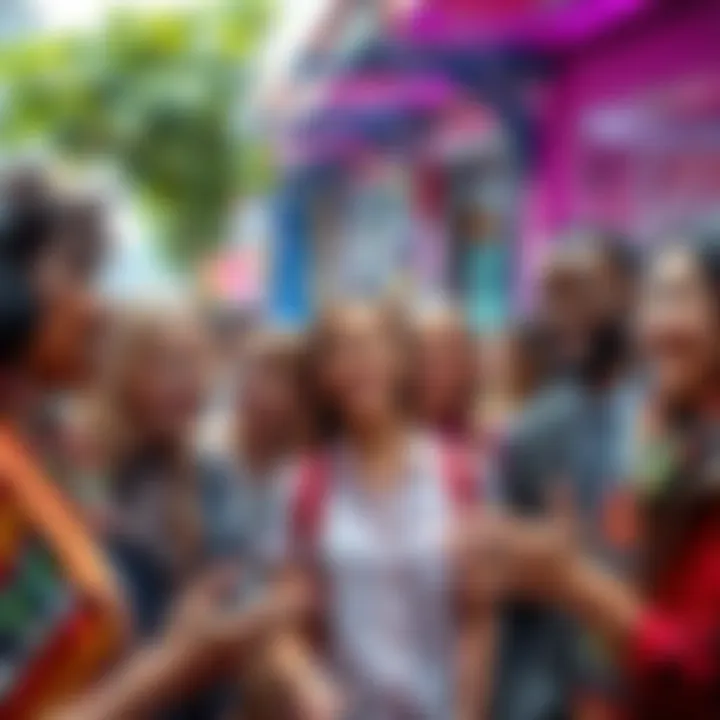 A group of diverse people smiling and sharing kind gestures in a vibrant community setting, showcasing positivity and connection.