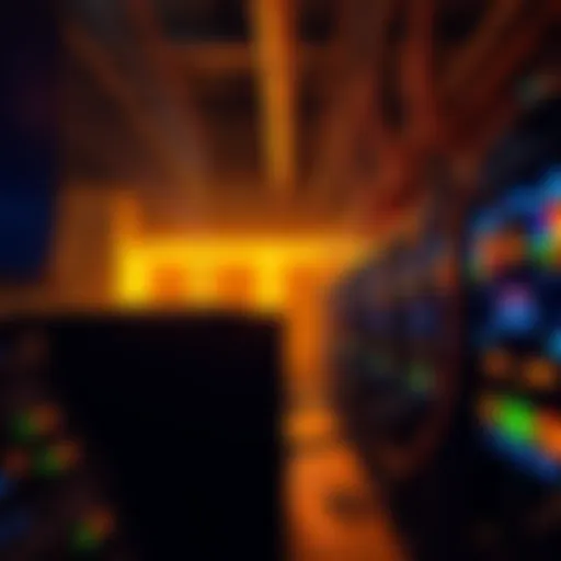 A group of cryptocurrency miners operating illegally, with mining rigs and power cables in a dimly lit warehouse, illustrating a large-scale power theft operation in Malaysia.