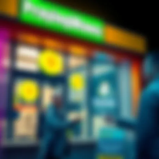 A storefront of Praying Wawa with a Dogecoin logo displayed prominently, showing a happy customer making a payment.