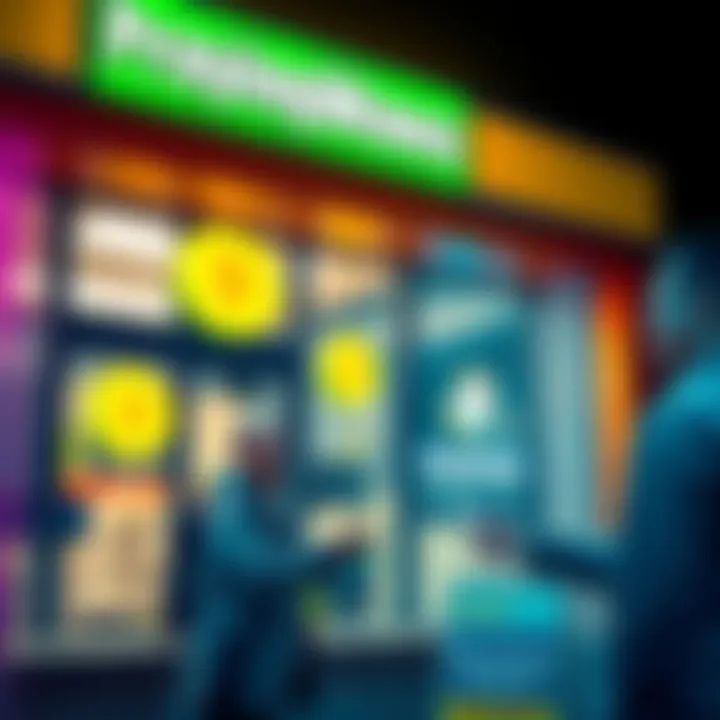 A storefront of Praying Wawa with a Dogecoin logo displayed prominently, showing a happy customer making a payment.