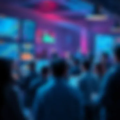 A group of people engaging in a prediction market event, excitedly discussing their forecasts with charts and data on screens around them.