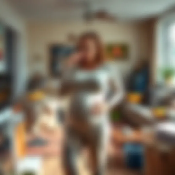 A pregnant woman stands in her cluttered living room, holding her nose in frustration as she faces persistent odors around her. The room shows signs of cleaning attempts with a vacuum and cleaning sup...