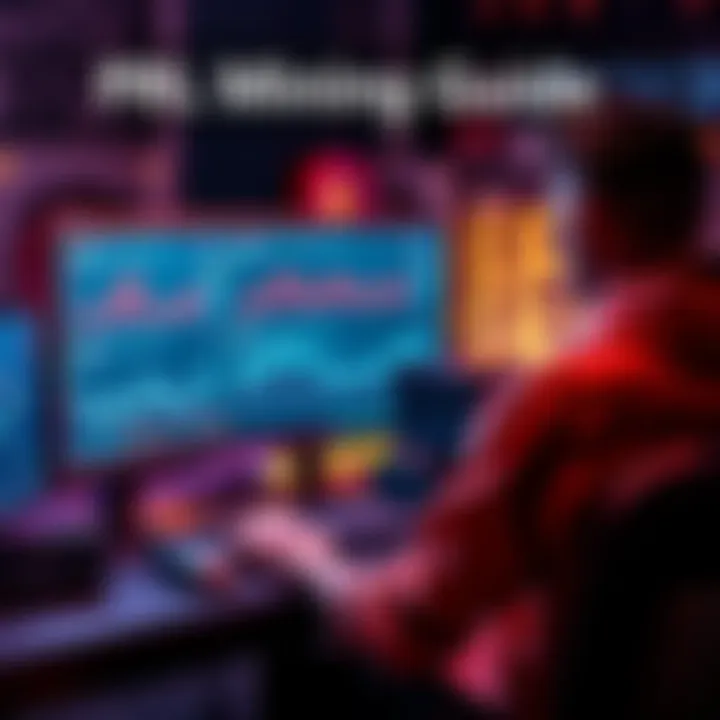 PRL Mining Guide A person sitting at a computer with mining software open, displaying graphs and data related to PRL mining.