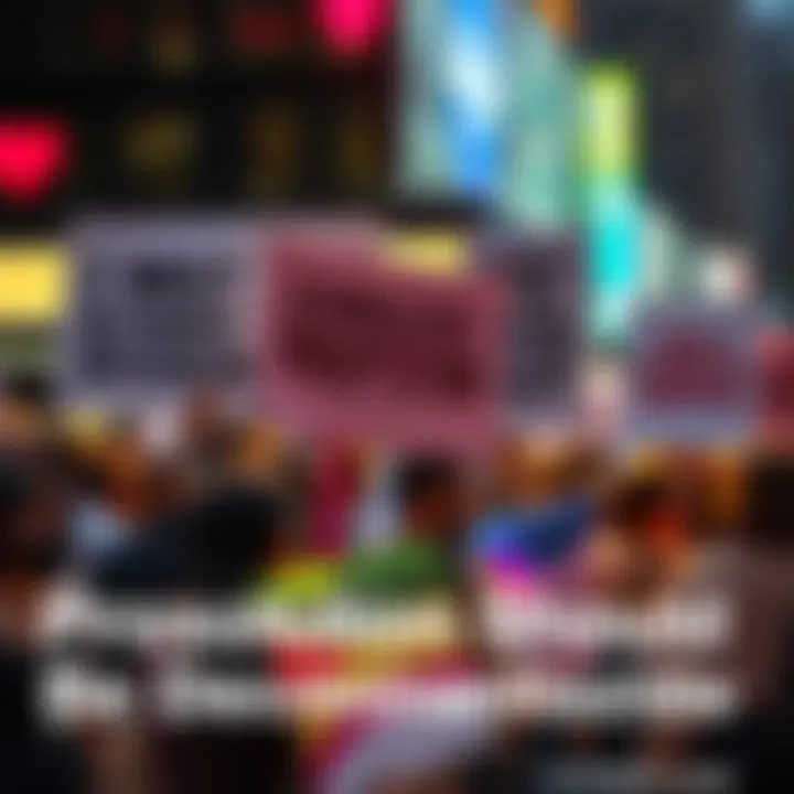 A group of people holding colorful signs that promote the decriminalization of prostitution at a public event