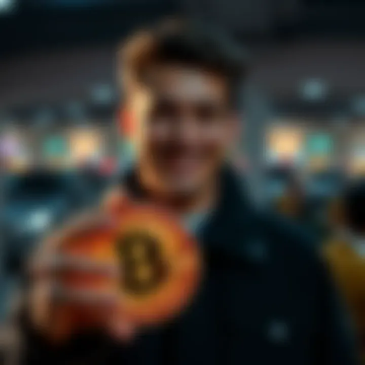 A person smiling while holding a Bitcoin symbol, symbolizing pride in their cryptocurrency journey after a forum ban.