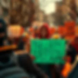 A group of people holding signs protesting against a coin scam in a community setting