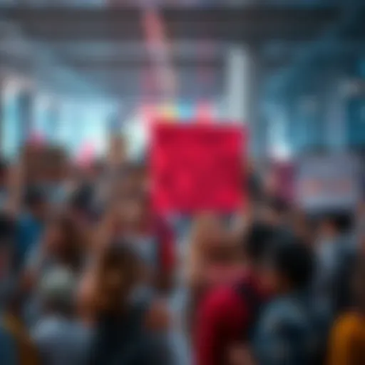 A diverse group of people holding signs and discussing issues in a public setting, showing frustration over being unheard.