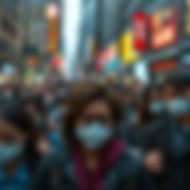 A crowded city street showing people wearing masks and looking anxious, reflecting high fear levels similar to the Covid pandemic