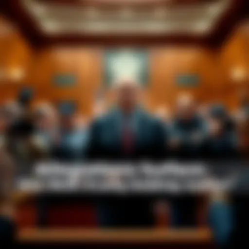 A public figure standing in a courtroom, surrounded by reporters and cameras, expressing mixed emotions