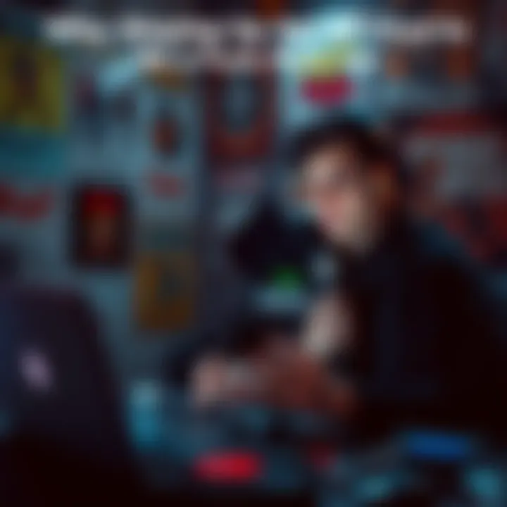 A young person with headphones analyzing music charts on a laptop, surrounded by punk rock posters and records in a dimly lit room