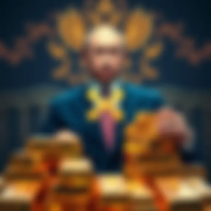 Vladimir Putin standing with XRP symbol and stacks of gold bars, reflecting Russia's financial shift.