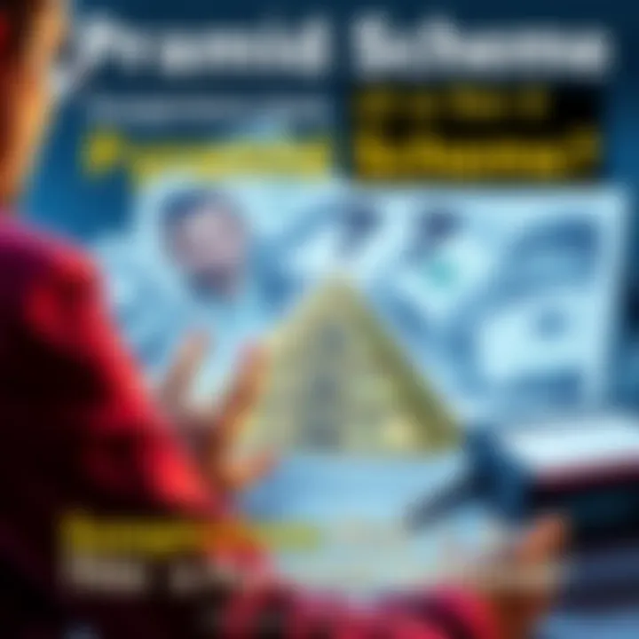 A person looking at a pyramid chart with confused expressions, surrounded by money and investment documents