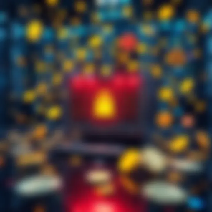 A quantum computer surrounded by floating cryptocurrency symbols, highlighting potential security concerns for digital assets.