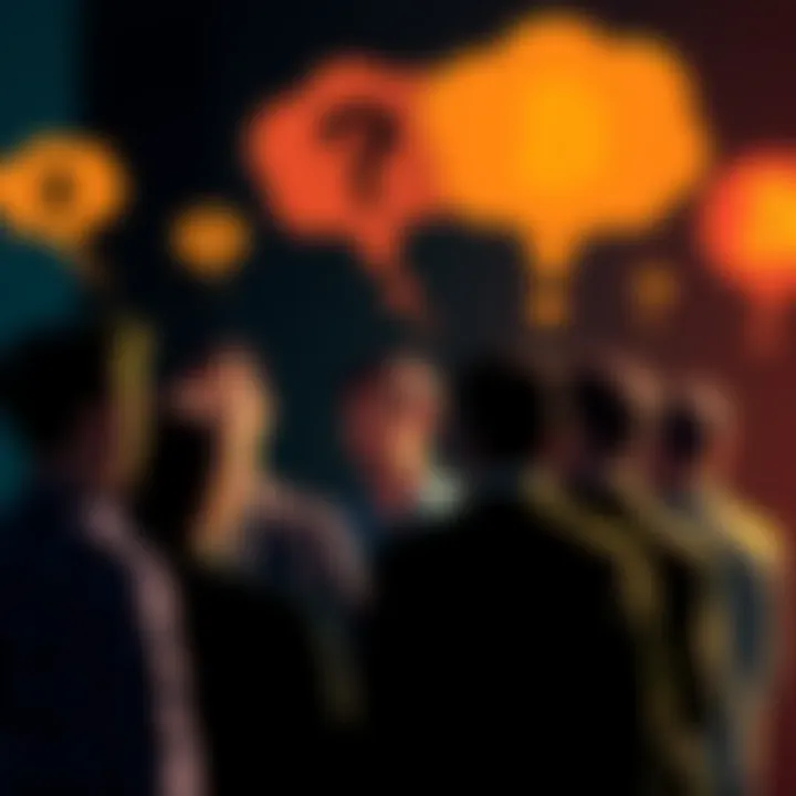 A group of people discussing questions about Bitcoin with thought bubbles above their heads