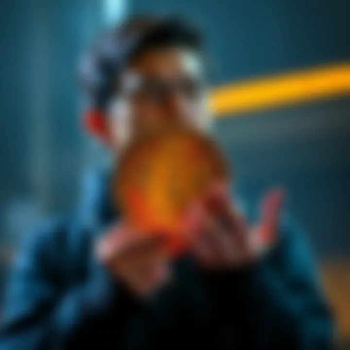 A person holding a Bitcoin symbol with a thoughtful expression, pondering questions for Satoshi Nakamoto about Bitcoin's impact and future.