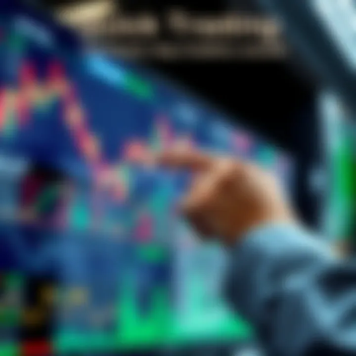 A trader points at a chart showing market movements with a focus on 'up' and 'down' indicators, suggesting rapid trading.