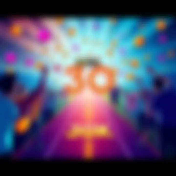 A vibrant illustration of a cryptocurrency race, featuring colorful coins racing towards a finish line marked 30K, surrounded by excited people cheering.