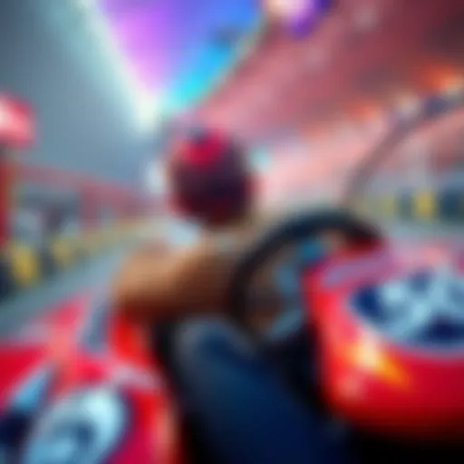 A player intensely focused on racing in the Racer Minigame, steering a colorful racing car on a vibrant track with cheering crowds in the background.