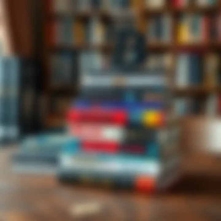 Collection of Rare Bitcoin Books A selection of rare Bitcoin books stacked on a wooden table, showcasing covers with unique designs and titles about cryptocurrency.