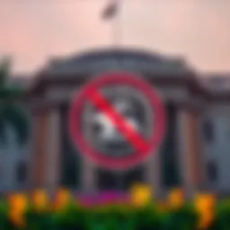 Reserve Bank of India building with a large 'No Crypto' sign and digital currency symbols in the background