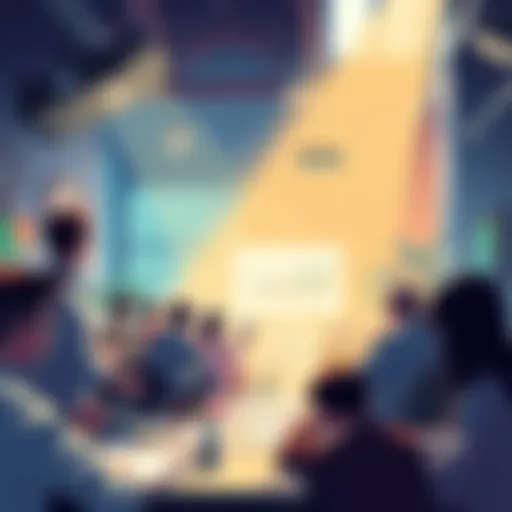 Illustration showing a community gathering discussing the new economic model with charts and resources in focus.
