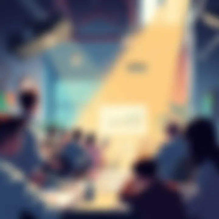 Illustration showing a community gathering discussing the new economic model with charts and resources in focus.