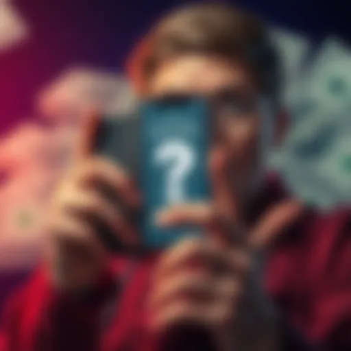 A person looking anxious while holding a smartphone, displaying a Trust Wallet interface, with a background showing dollar bills and a question mark symbolizing lost funds.