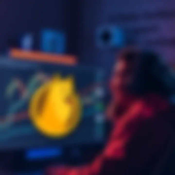 A visual representation of a person excitedly looking at their computer screen with a chart showing a rising trend for DOGE, alongside a Dogecoin logo.