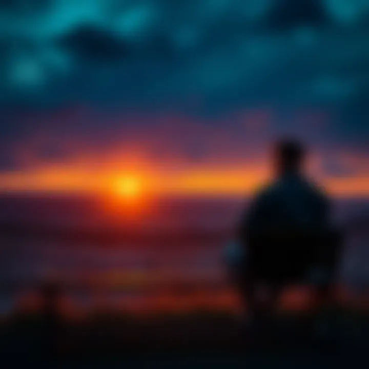 A person sitting on a bench with a thoughtful expression, gazing at a sunset, symbolizing reflection after a financial loss.