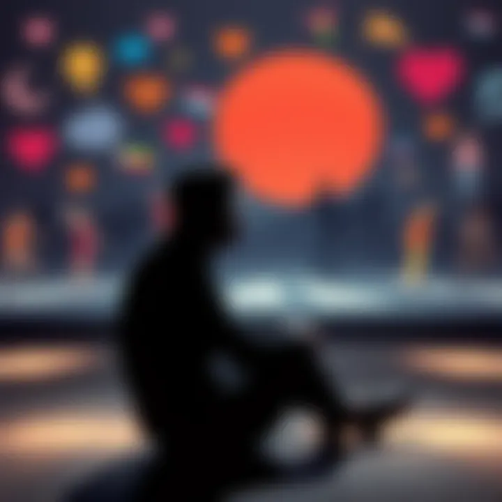 Reflective Moment A person sitting alone with a thoughtful expression, surrounded by diverse community symbols representing understanding and acceptance.