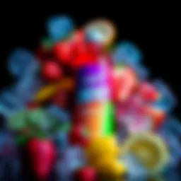 A vibrant energy drink bottle with colorful labels surrounded by ice and fresh fruits, highlighting its refreshing nature.