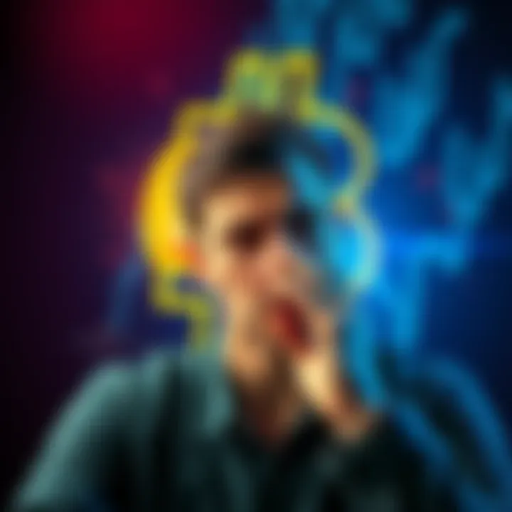 A person looking distressed as they reflect on their past Bitcoin investment decisions, with a digital Bitcoin symbol in the background.