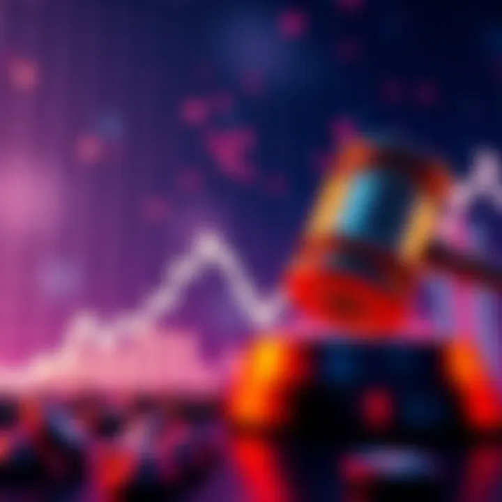 A graph showing a downward trend in altcoin values, with a gavel symbolizing new regulations looming over the market.