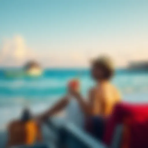 A traveler enjoying a drink on the beach in Cancun while pondering about financial safety during vacation.