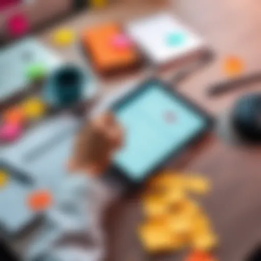 A person using a digital calendar on a tablet while writing notes in a planner, surrounded by sticky notes and reminders on a desk