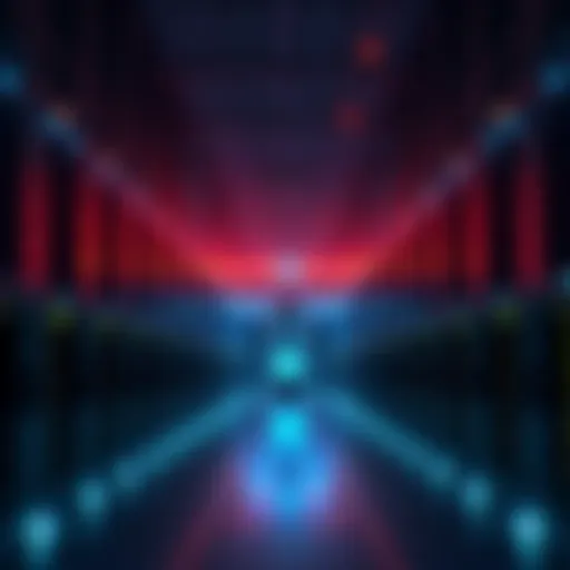A large, dimly lit data center filled with servers, transformed for Bitcoin mining, with bright lights indicating active mining operations.