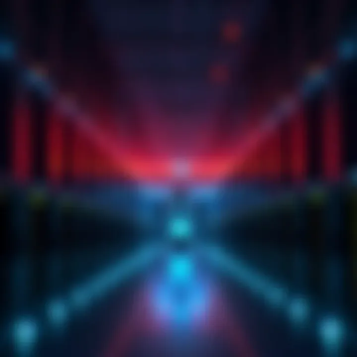 Repurposed Data Center for Bitcoin Mining A large, dimly lit data center filled with servers, transformed for Bitcoin mining, with bright lights indicating active mining operations.